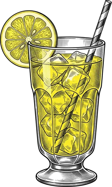 A tall glass of lemonade with ice, a straw and a lemon slice